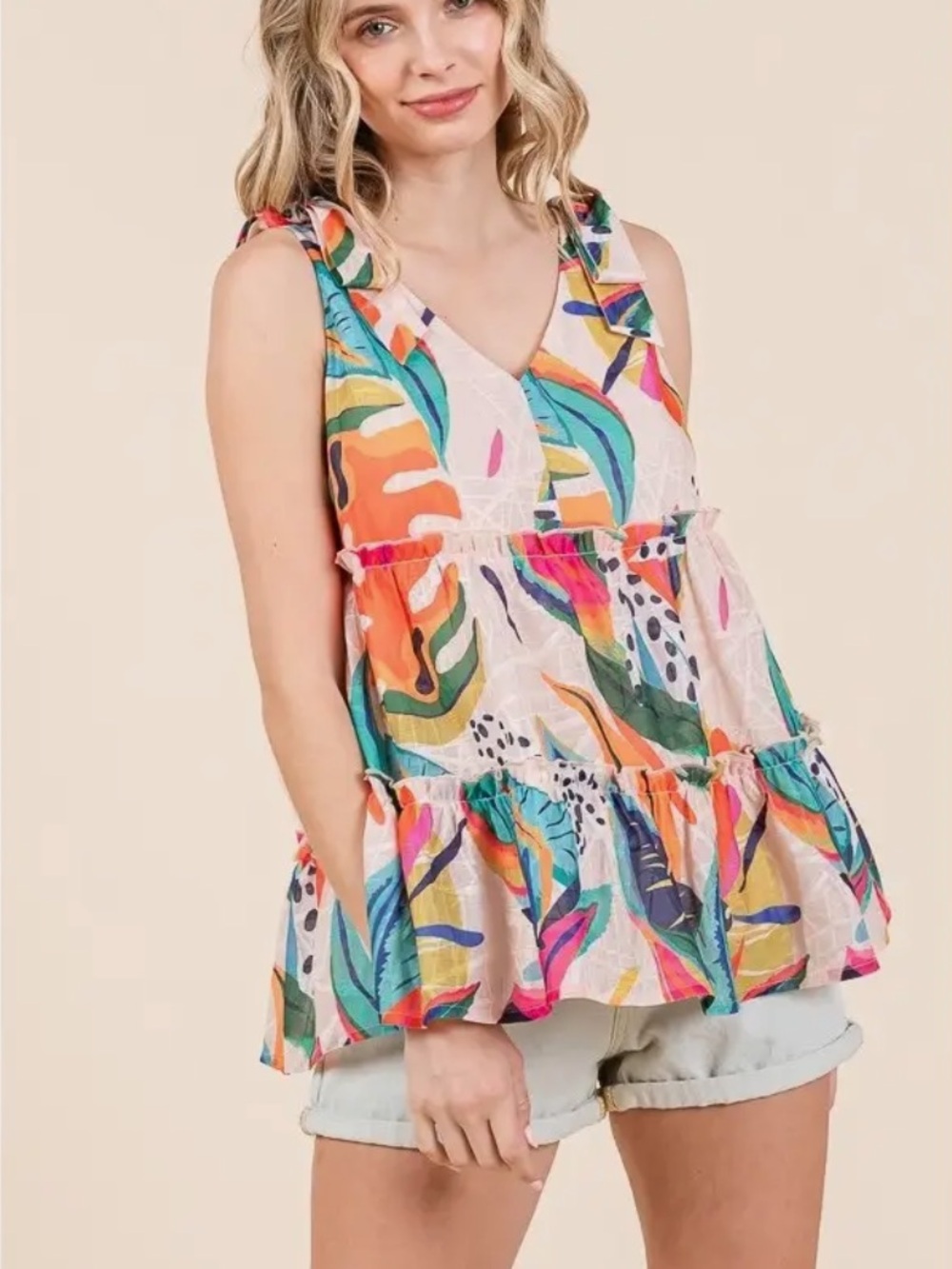 Vibrant Floral Sleeveless V-Neck Tiered Tank Top